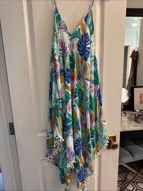 Tropical Leaf Print Swim Coverup Pom-Pom Trim - White Multi